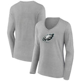 Philadelphia Eagles Women's Logo Team Lockup Long Sleeve V-Neck T-Shirt Heather Gray | NFL