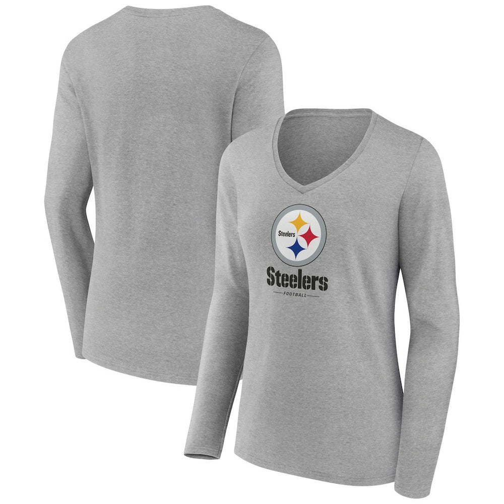 Pittsburgh Steelers Women's Logo Team Lockup Long Sleeve V-Neck T-Shirt Heather Gray | NFL