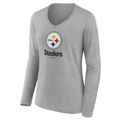 Pittsburgh Steelers Women's Logo Team Lockup Long Sleeve V-Neck T-Shirt Heather Gray | NFL
