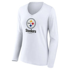 Pittsburgh Steelers Women's Logo Team Lockup Long Sleeve V-Neck T-Shirt White | NFL