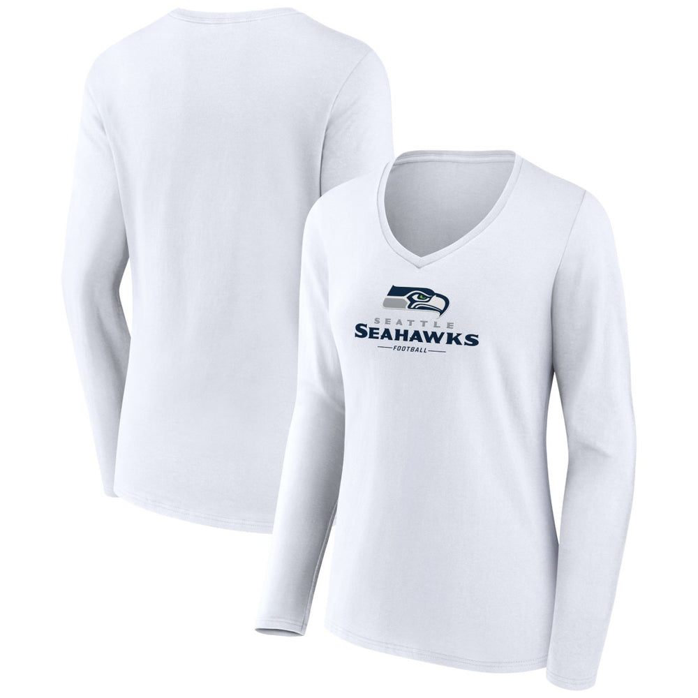 Seattle Seahawks Women's Logo Team Lockup Long Sleeve V-Neck T-Shirt White | NFL