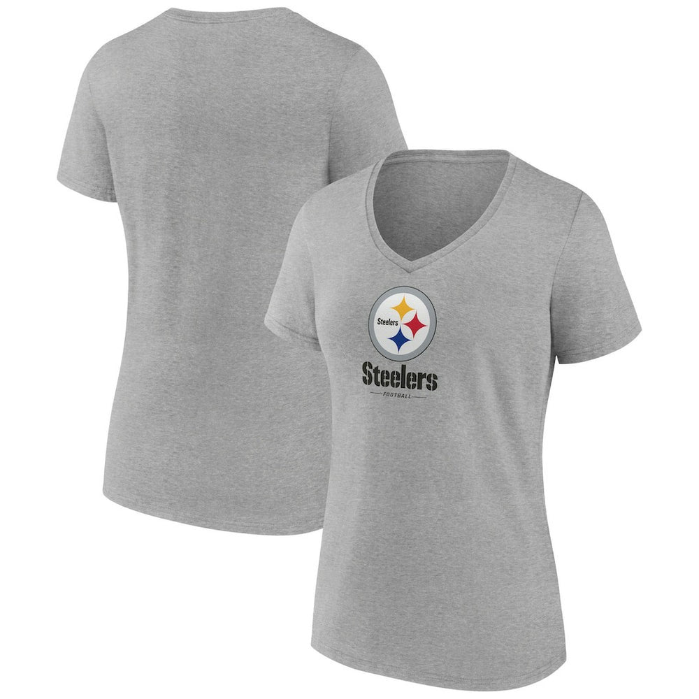 Pittsburgh Steelers Women's Logo Team Lockup V-Neck T-Shirt Gray | NFL