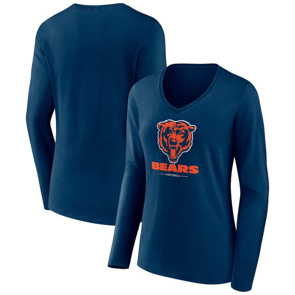 Chicago Bears Women's Logo Team Lockup Long Sleeve V-Neck T-Shirt Navy | NFL
