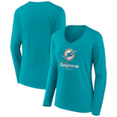 Miami Dolphins Women's Logo Team Lockup Long Sleeve V-Neck T-Shirt Aqua | NFL