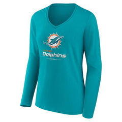 Miami Dolphins Women's Logo Team Lockup Long Sleeve V-Neck T-Shirt Aqua | NFL