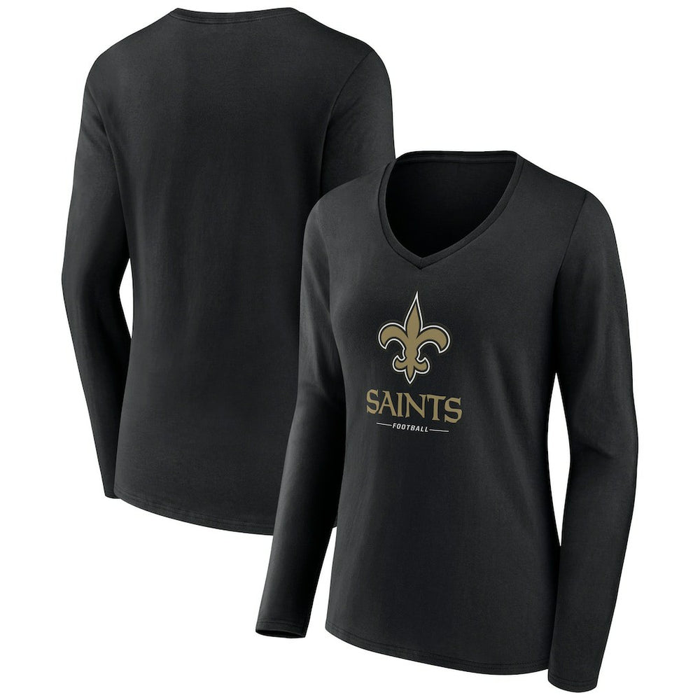 New Orleans Saints Women's Logo Team Lockup Long Sleeve V-Neck T-Shirt Black | NFL