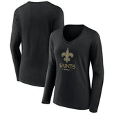 New Orleans Saints Women's Logo Team Lockup Long Sleeve V-Neck T-Shirt Black | NFL
