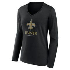 New Orleans Saints Women's Logo Team Lockup Long Sleeve V-Neck T-Shirt Black | NFL