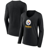 Pittsburgh Steelers Women's Logo Team Lockup Long Sleeve V-Neck T-Shirt Black | NFL