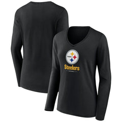 Pittsburgh Steelers Women's Logo Team Lockup Long Sleeve V-Neck T-Shirt Black | NFL