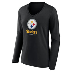 Pittsburgh Steelers Women's Logo Team Lockup Long Sleeve V-Neck T-Shirt Black | NFL
