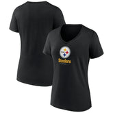 Pittsburgh Steelers Women's Logo Team Lockup V-Neck T-Shirt Black | NFL