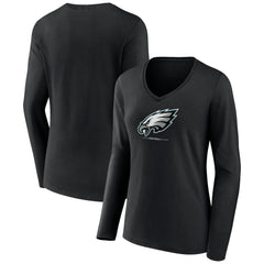 Philadelphia Eagles Women's Logo Team Lockup Long Sleeve V-Neck T-Shirt Black | NFL