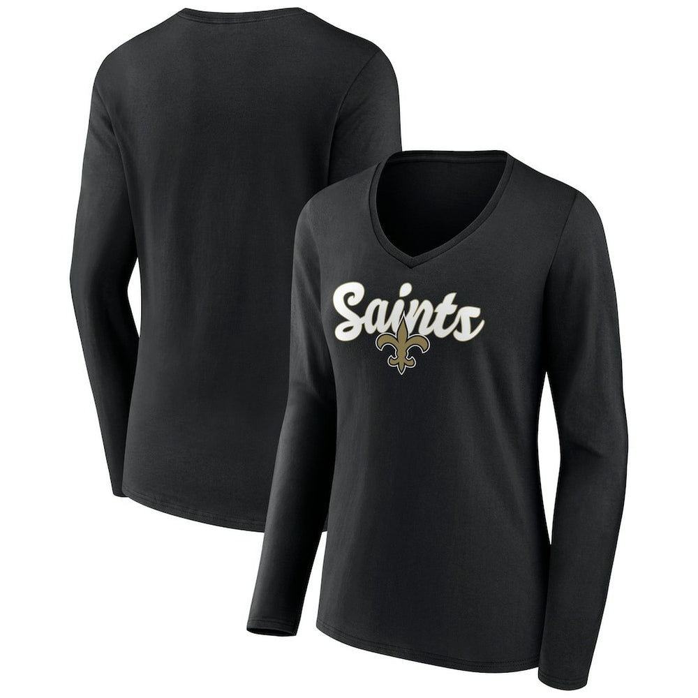 New Orleans Saints Women's Freehand Team Long Sleeve V-Neck T-Shirt Black | NFL