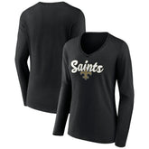 New Orleans Saints Women's Freehand Team Long Sleeve V-Neck T-Shirt Black | NFL