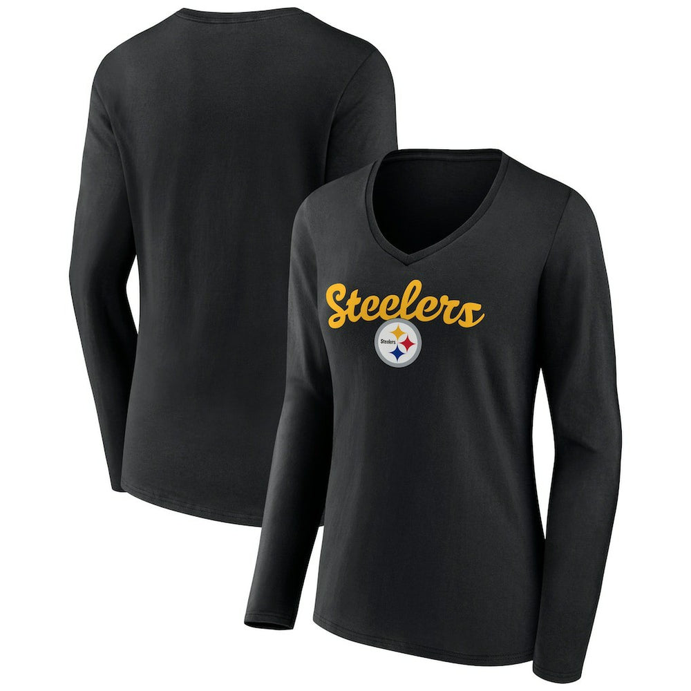 Pittsburgh Steelers Women's Freehand Team Long Sleeve V-Neck T-Shirt Black | NFL