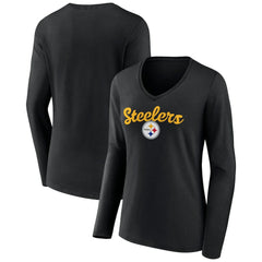 Pittsburgh Steelers Women's Freehand Team Long Sleeve V-Neck T-Shirt Black | NFL