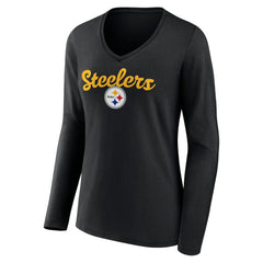 Pittsburgh Steelers Women's Freehand Team Long Sleeve V-Neck T-Shirt Black | NFL