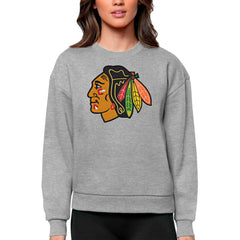Chicago Blackhawks Antigua Women's Team Logo Victory Crewneck Pullover Sweatshirt - Heather Gray - NHL