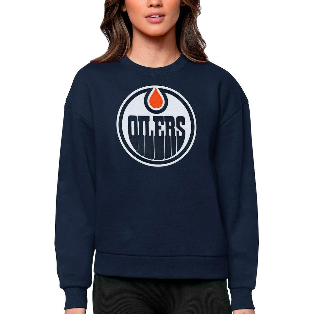 Edmonton Oilers Antigua Women's Team Logo Victory Crewneck Pullover Sweatshirt - Navy - NHL