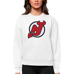 New Jersey Devils Antigua Women's Team Logo Victory Crewneck Pullover Sweatshirt - White - NHL