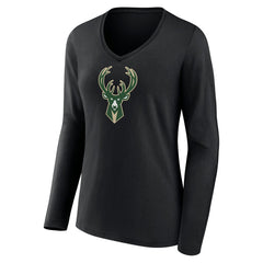Milwaukee Bucks Women's Logo Long Sleeve V-Neck T-Shirt Black - NBA