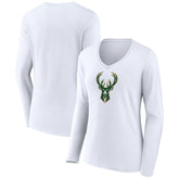 Milwaukee Bucks Women's Logo Long Sleeve V-Neck T-Shirt White - NBA