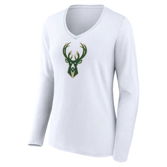 Milwaukee Bucks Women's Logo Long Sleeve V-Neck T-Shirt White - NBA