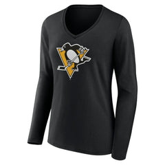 Pittsburgh Penguins Women's Team Logo Long Sleeve V-Neck T-Shirt - Black - NHL