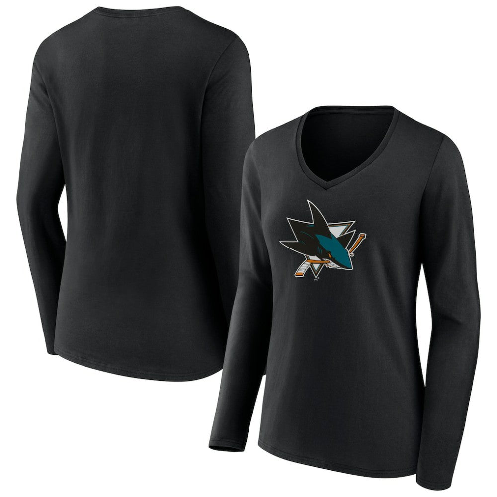 San Jose Sharks Women's Team Logo Long Sleeve V-Neck T-Shirt - Black - NHL