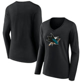 San Jose Sharks Women's Team Logo Long Sleeve V-Neck T-Shirt - Black - NHL