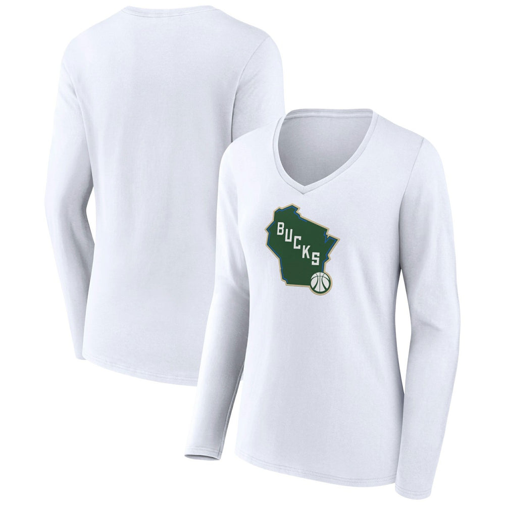 Milwaukee Bucks Women's Alternate Logo V-Neck Long Sleeve T-Shirt White - NBA