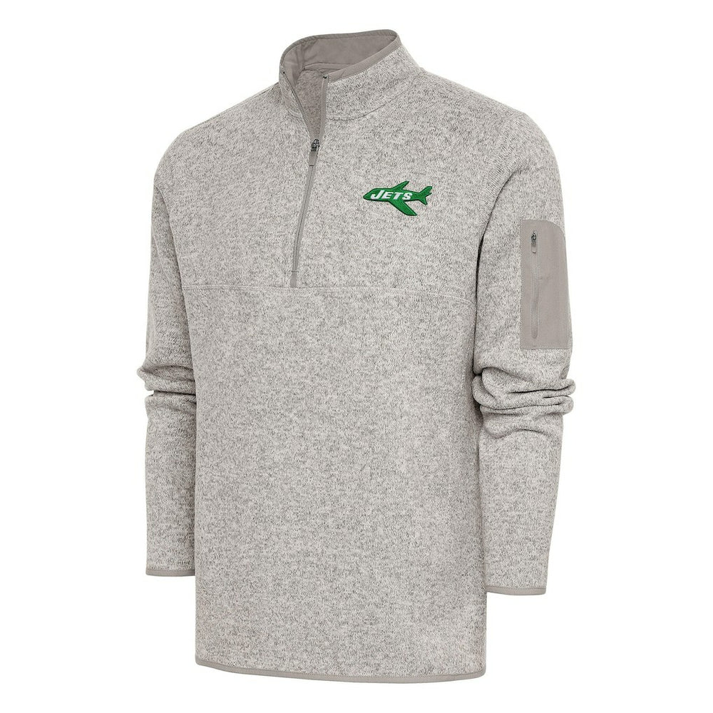 New York Jets Antigua Throwback Fortune Quarter-Zip Pullover Jacket Oatmeal | NFL