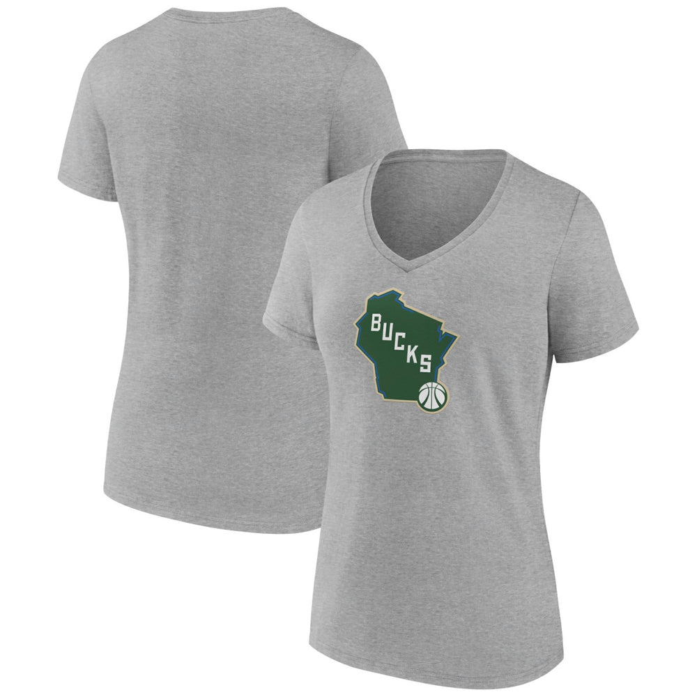 Milwaukee Bucks Women's Alternate Logo V-Neck T-Shirt Heather Gray - NBA