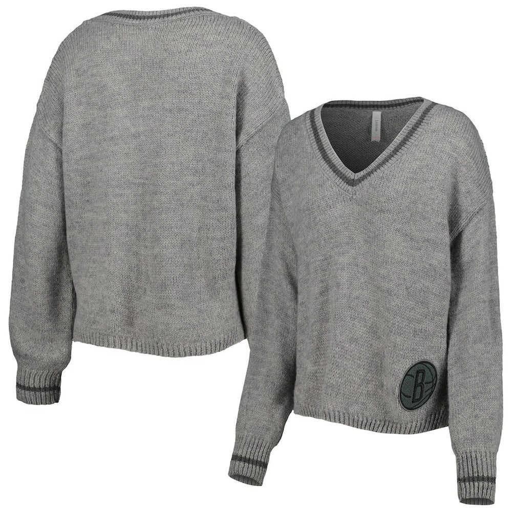 Brooklyn Nets Lusso Women's Scarletts Lantern Sleeve Tri-Blend V-Neck Pullover Sweater Gray - NBA