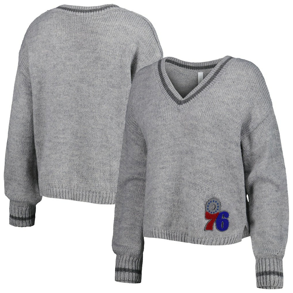 Philadelphia 76ers Lusso Women's Scarletts Lantern Sleeve Tri-Blend V-Neck Pullover Sweater Gray - NBA