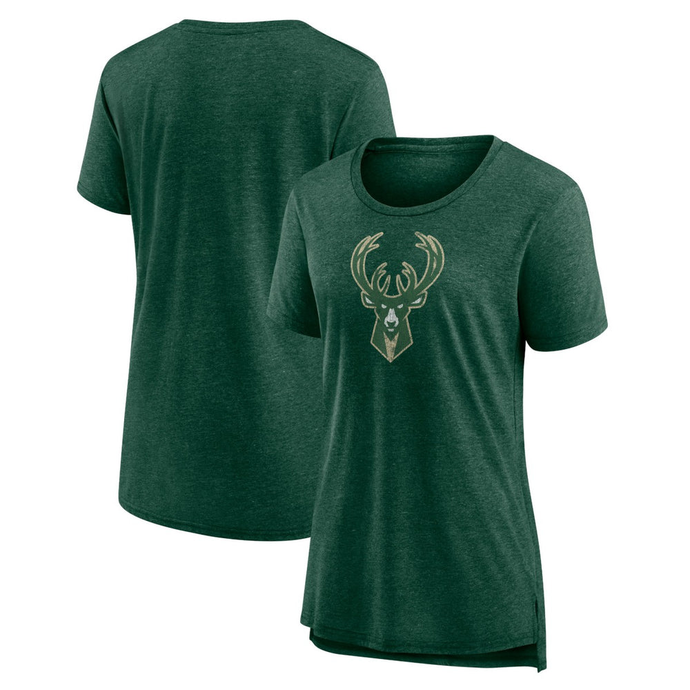 Milwaukee Bucks Women's Distressed Logo Tri-Blend T-Shirt Heather Hunter Green - NBA