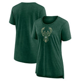 Milwaukee Bucks Women's Distressed Logo Tri-Blend T-Shirt Heather Hunter Green - NBA
