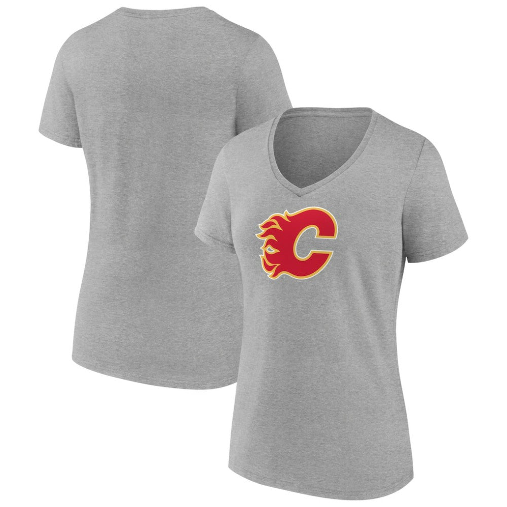 Calgary Flames Women's Primary Logo Team V-Neck T-Shirt - Heather Gray - NHL