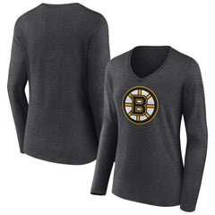 Boston Bruins Women's Primary Team Logo Long Sleeve V-Neck T-Shirt - Heather Charcoal - NHL