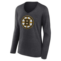 Boston Bruins Women's Primary Team Logo Long Sleeve V-Neck T-Shirt - Heather Charcoal - NHL