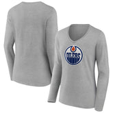 Edmonton Oilers Women's Primary Logo Team Long Sleeve V-Neck T-Shirt - Heather Gray - NHL