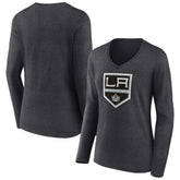 Los Angeles Kings Women's Primary Team Logo Long Sleeve V-Neck T-Shirt - Heather Charcoal - NHL