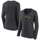 Minnesota Wild Women's Primary Team Logo Long Sleeve V-Neck T-Shirt - Heather Charcoal - NHL