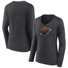 Minnesota Wild Women's Primary Team Logo Long Sleeve V-Neck T-Shirt - Heather Charcoal - NHL