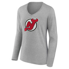 New Jersey Devils Women's Primary Logo Team Long Sleeve V-Neck T-Shirt - Heather Gray - NHL