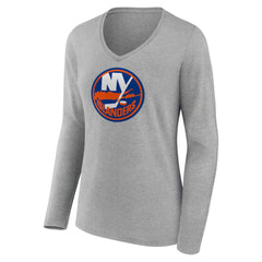 New York Islanders Women's Primary Logo Team Long Sleeve V-Neck T-Shirt - Heather Gray - NHL