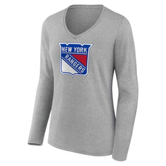 New York Rangers Women's Primary Logo Team Long Sleeve V-Neck T-Shirt - Heather Gray - NHL