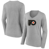 Philadelphia Flyers Women's Primary Logo Team Long Sleeve V-Neck T-Shirt - Heather Gray - NHL