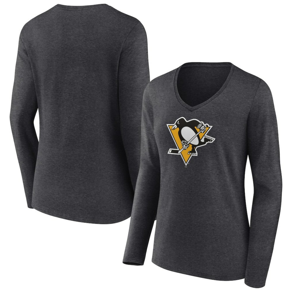 Pittsburgh Penguins Women's Primary Team Logo Long Sleeve V-Neck T-Shirt - Heather Charcoal - NHL